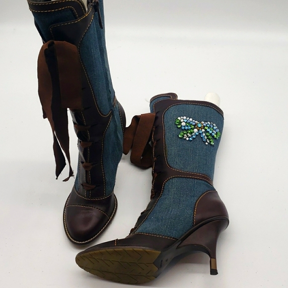 GIUSEPPE ZANOTTI LEATHER & DENIM JEANS BOOTS 2 1/2 INCH HEELS 👠 SIZE 40 - Picture 8 of 15